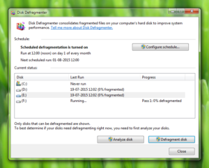 Screenshot of Disk Defragmenter on Windows 7
