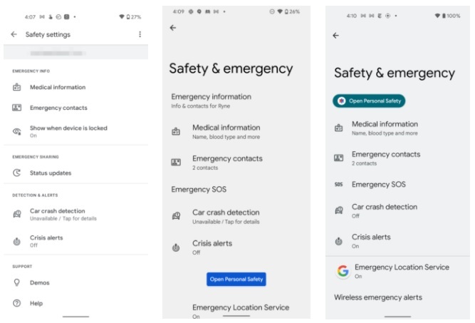 safety and emergency menu feature in android 12